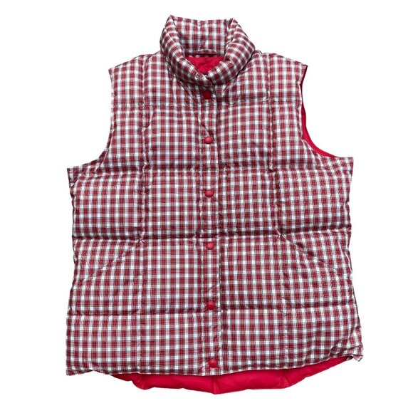 Lands End Tartan Plaid Down Puffer Vest Wmn Red Quilted Outdoor Cabin Gorpcore-M - Picture 1 of 12